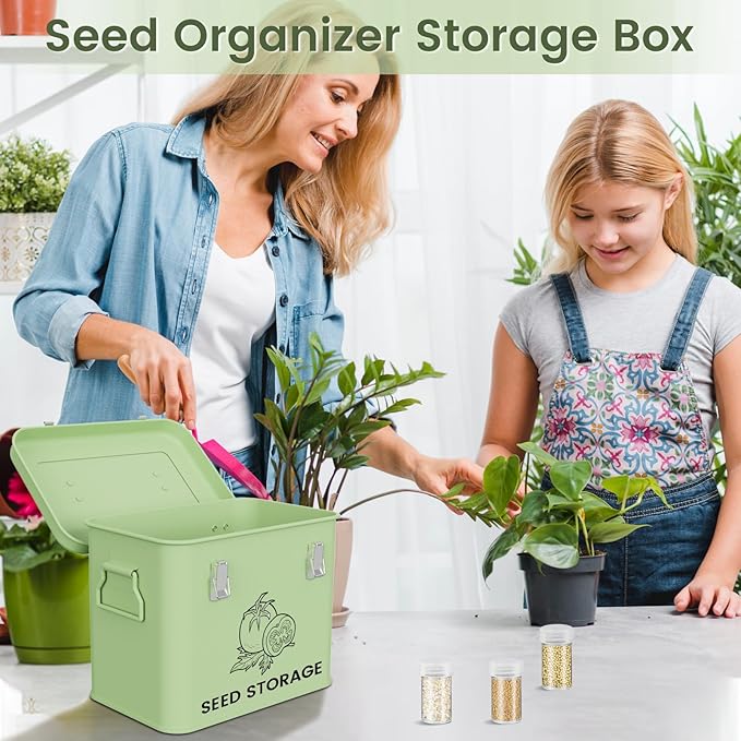 Seed Storage Organizer Box Metal Seed Box Garden Seed Organizer with Lid Seed Containers Storage with 3 Compartments 30 Seed Holder Organizers 50pcs Seed Envelopes (Green)