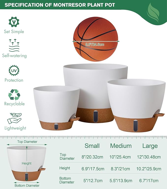 montresor 12/10/8 Inch Self Watering Pots for Indoor Plants Plastic Large Pot for Outdoor Plants Water Level Window &amp Spacious Reservoir Flower Pots Decorative Planter with Drainage and Tray (Whi