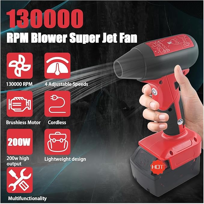 Jet Fan Mini Blower130000 RPM Cordless Air Duster Comaptible with Milwaukee M18 18V Batteries with 4-Speed Control for Car Dust Cleaning Outdoors BBQ Leaf Cleaning Sofa's Pet Hair Cleaning