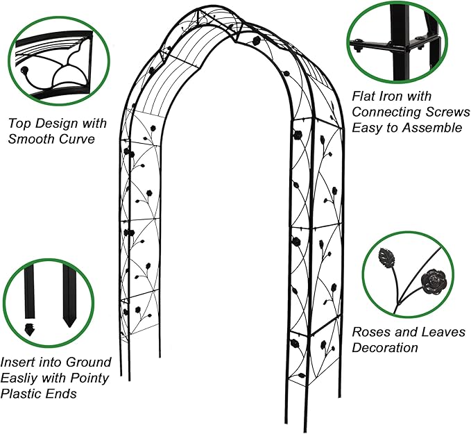 Galvanized Metal Garden Arch 98.4 Tall - Powder Coated Rust-Resistant Trellis for Climbing Roses &amp Vines Heavy Duty Wedding Arbor &amp Backyard Plant Support Structure (Black W59'' x H98.4'')