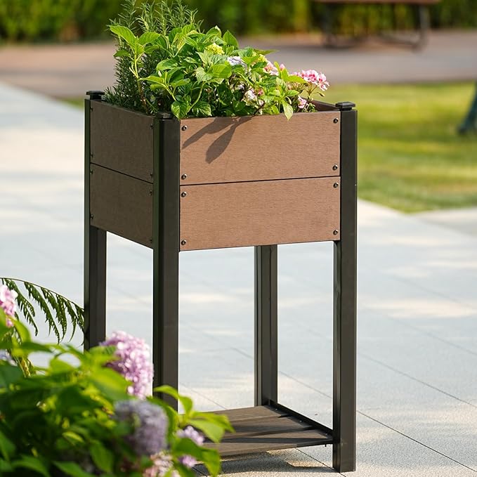 19 l x 33 h HDPE Raised Garden Bed on Legs with Storage Shelf All-Weather Elevated Planter Box Standing Herb &amp Vegetable Grow Bed with Black Aluminum Posts for Patio Balcony and Outdoor Use