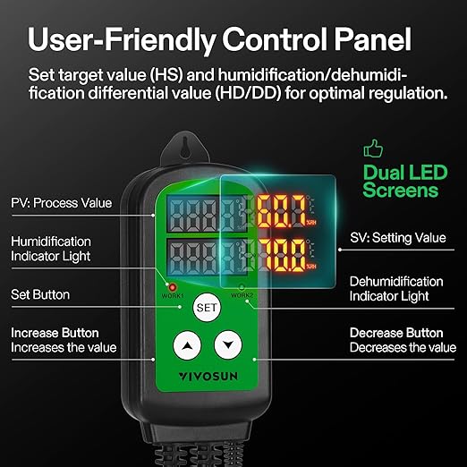 VIVOSUN Humidity Controller 1200W Dual-Stage Outlet Pre-Wired Digital Humidistat with Dual LED Displays for Humidifier/Dehumidifier/Fan Ideal for Greenhouse Grow Tent Home-Brewing Mushroom