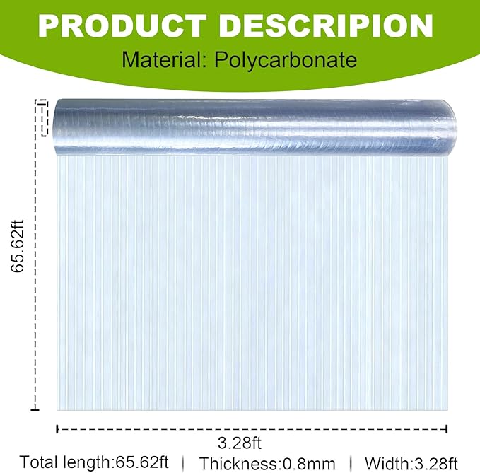 Polycarbonate Roofing Sheet 65.62 ft×3.28 ft 0.8mm Thick Resistant Rainproof Transparent Polycarbonate Greenhouse Panels Insulated Clear Roof Panels for Pergola Patio Gardening Farming Agriculture