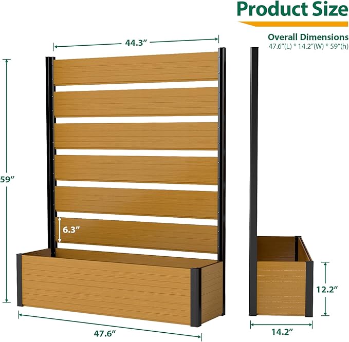 Vertical Screen Planter Bed - Raised Garden Box with Trellis for Climbing Plants Durable Privacy Fence Planter for Outdoor Patio Deck Aluminum Frame Yellow Teak with Base