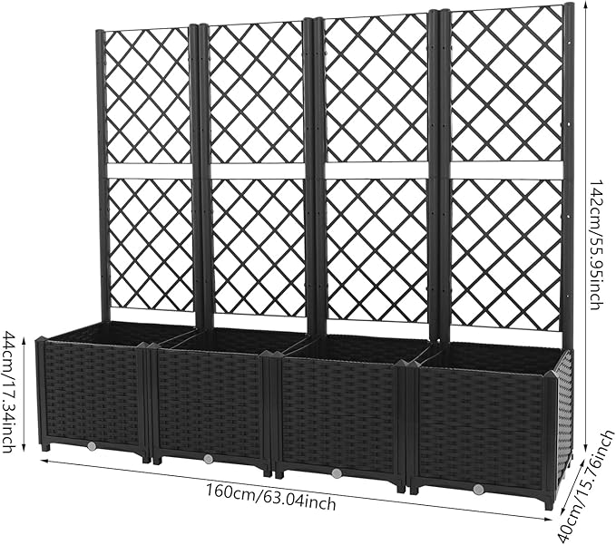 4-Pack Elevated Planter Box with Climbing Trellis 33lbs Capacity Raised Garden Bed Adjustable Vertical Planting Box with Drainage Plugs for Balcony Patio Backyard Flowers(Dark Black)