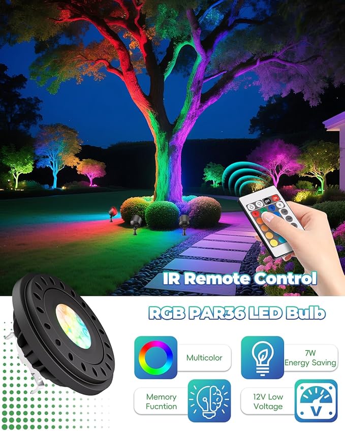 RGB PAR36 LED Light Bulb Color Changing Warm White+15 Colors Choices on Remote Control 12V Low Voltage Spotlight for Outdoor Landscape Lighting GardenYardFlagpole Lighting