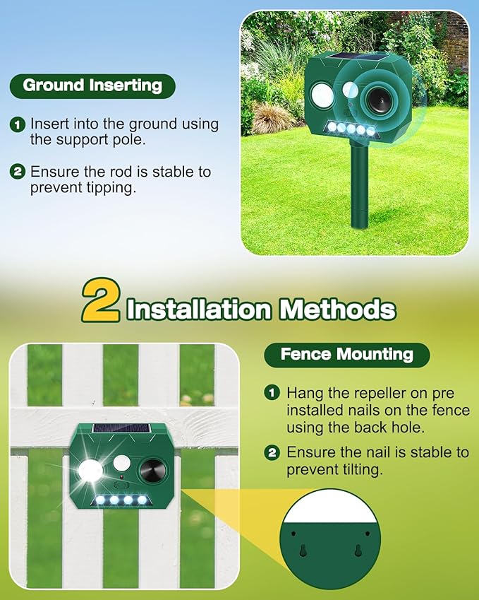 Solar Ultrasonic Animal Repellent Outdoor 2 Pack Cat Repellent Outdoor Deer Repellent Devices with PIR Motion Sensor ＆ LED Flash Waterproof Squirrel Repeller Cat Raccoons Rabbits Deer Skunk