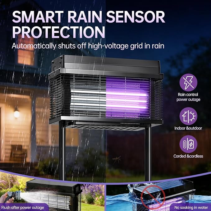 Solar Bug Zapper Outdoor 4000 SQ.FT Mosquito Zapper with Smart Rain Off Rechargeable Mosquito Killer Lamp Wireless Solar Powered Fly Trap for Yard Patio RV Camping (Black)