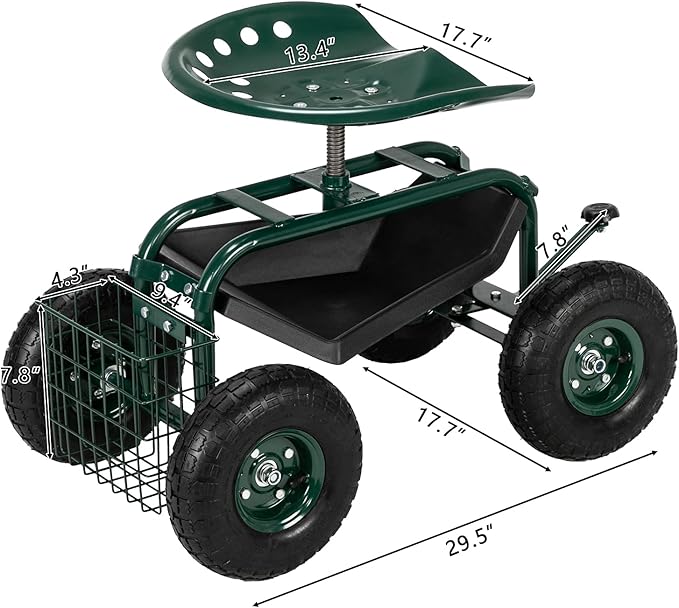 Steel Frame Garden Seat Cart with 360° Swivel Seat – 29.5x17.7x18.5 Adjustable Yard Cart with Tool Tray Pneumatic Tires &amp 330 lbs Capacity