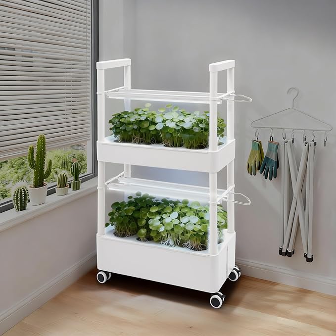 Hydroponics System with Grow Lights - 28 Hole Indoor Garden Kit 2-Tier All-in-One with Water Pump &amp Wheels for Offices Living Rooms Kitchens