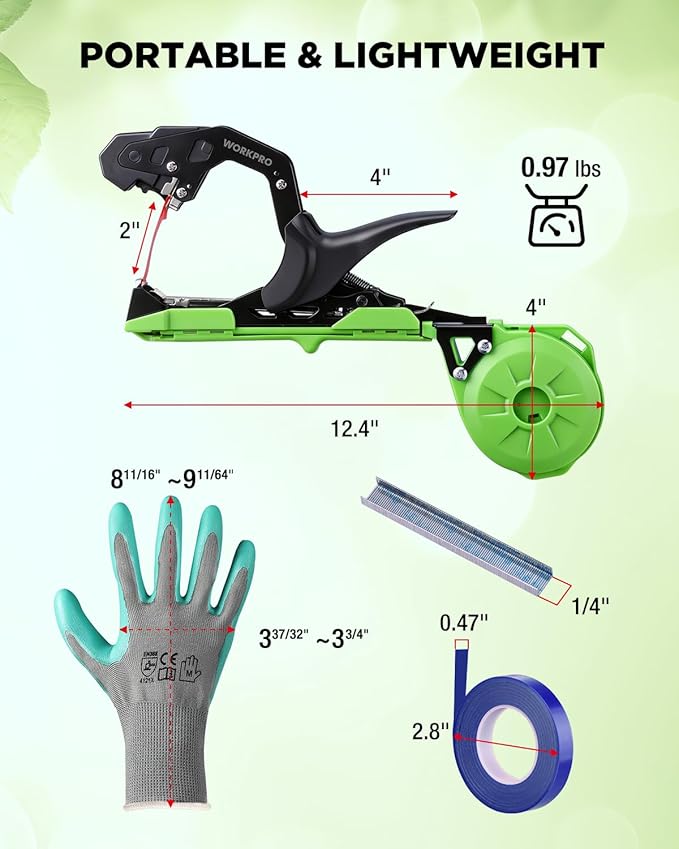 WORKPRO Plant Tying Machine Lightweight Tape Gun for Tying Vines and Support Plants Includes Gloves 20 Rolls of Tape 10000 Staples Ideal for Tomatoes Grapes Cucumber and Vegetables