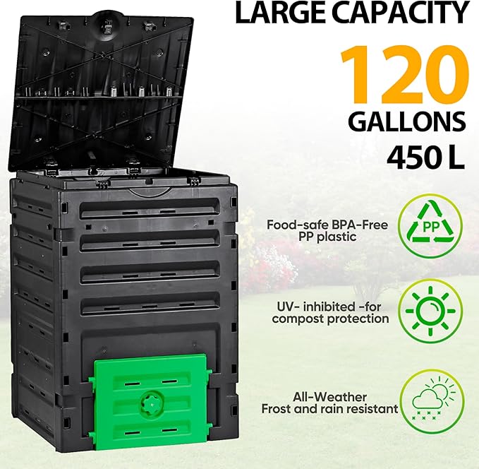 JupiterForce 120 Gallon Large Compost Bin BPA Free Outdoor Composting Tumblers for Garden Patio Easy Assembling Fast Creation of Fertile Soil Lightweight