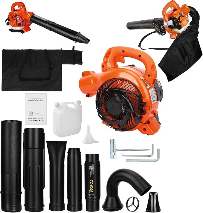 2-Stroke Handheld Gas Powered Leaf Blower Powerful 26cc Leaf Blower with Bag 424 CFM Air Volume Dual-Purpose Leaf Vacuum Mulcher with Bag Durable Blowers for Cleaning Leaf Snow Home Easy Start