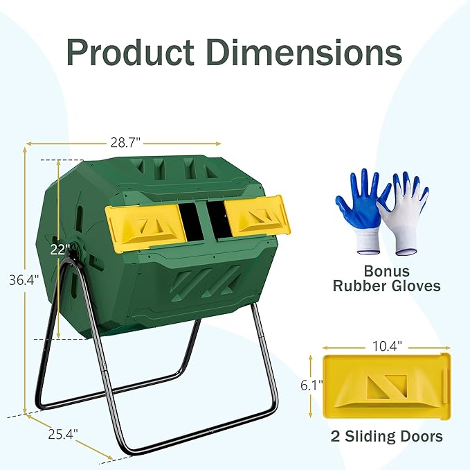 SUPER DEAL Outdoor Composter Bin 43 Gallon Dual Chamber Composter Tumbler 360° Rotating BPA Free with Sliding Doors Heavy Duty Steel Frame for Garden Yard Kitchen Waste Green