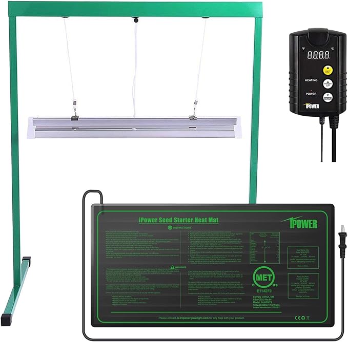 iPower 24W 2 Feet T5 Fluorescent Grow Light Stand Rack (6400k) and 10 x 20.5 Seedling Heat Mat and 40-108 Degrees Fahrenheit Digital Heat Mat Thermostat Controller Combo Set for Seed Germination