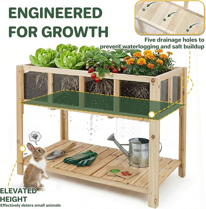 Raised Garden Bed Outdoor with Shelf 43.7''x23.2''x30.7''Wood Planter Box with Transparent Window Drainage Holes Liner Garden Beds Flower Stand for Balcony Kitchen Gift for Gardening