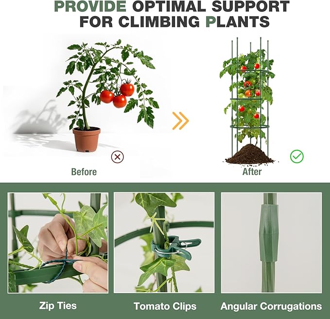 Happygrill 3 Pack Plant Cages and Supports 60 inch Tall Adjustable Tomato Cage w/Clips &amp Ties Heavy-Duty Garden Trellis for Climbing Plants Vines Flowers Vegetables Potted Plants Indoor Outd