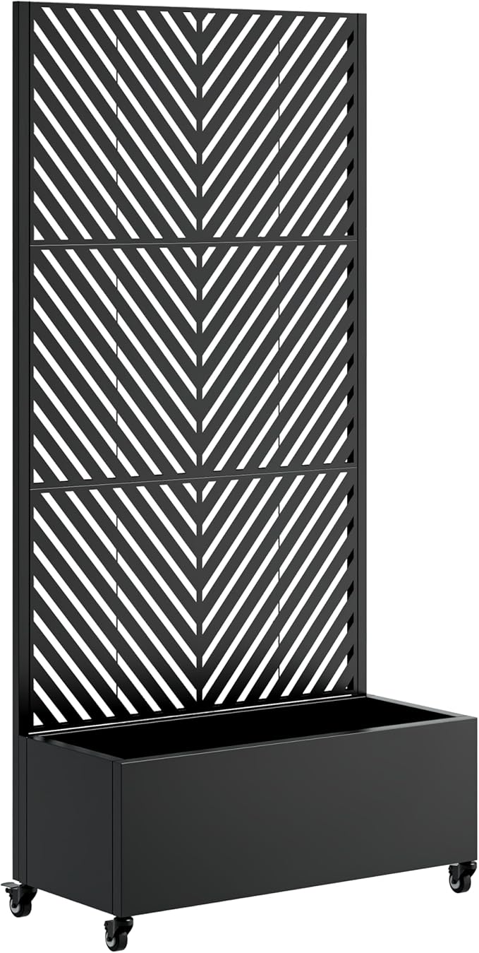 Metal Planter Box with Trellis Raised Garden Bed with Wheels Trellis Privacy Screen Planter for Climbing Plants Vegetables Vines Outdoor Garden Use Black-6