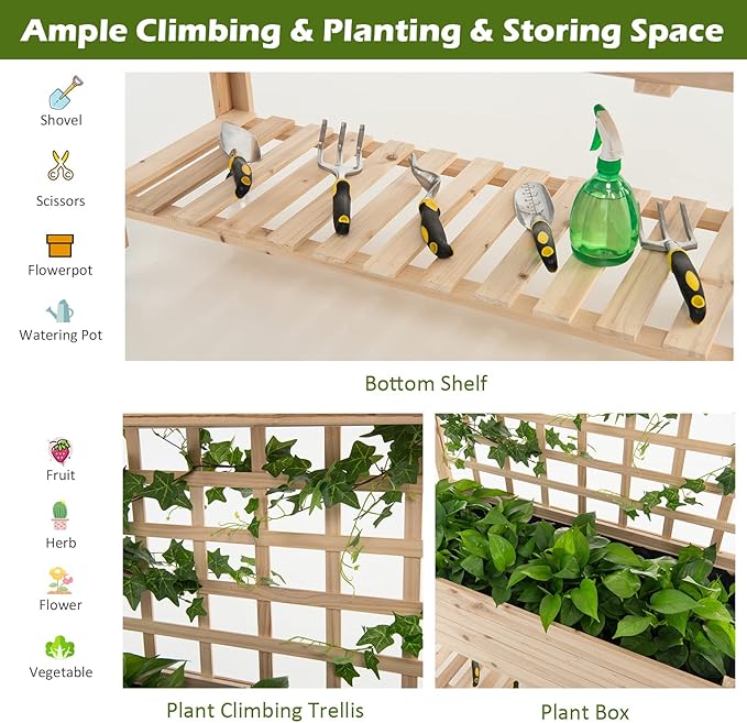 Giantex Wood Planter with Trellis Standing Raised Garden Bed Liner Storage Shelf Elevated Plant Box Stand for Climbing Flower Vegetable Herb Indoor Outdoor Patio Lawn Balcony
