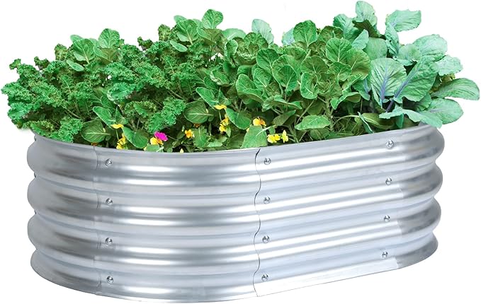 Aoodor Galvanized Raised Garden Bed Kit 3 x 2 x 1 Ft Oval Planter Box for Vegetables Flowers and Herbs Outdoor Use Silver