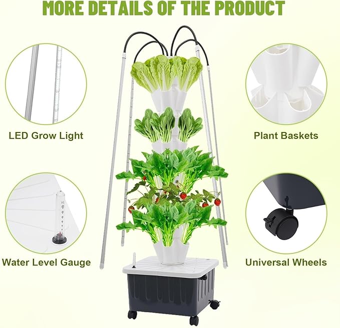 8 Tiers 40 Plant Hydroponic Growing Tower Indoor Garden Planter with LED Grow Light Vertical Smart Plants Germination Kit with Wheels and Timed Plug for Fruits Vegetables Herbs