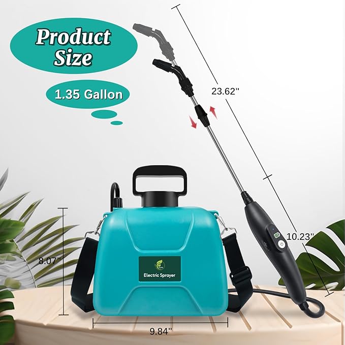 1.35 Gallon Battery Powered Sprayer Electric Garden Sprayer with Rechargeable Handle 3 Mist Nozzles Retractable Wand Water Pump Sprayer with Adjustable Shoulder Strap for Yard Lawn and Garden