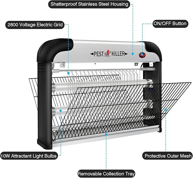 Indoor Electric Bug Zapper 2800V Powerful Flying Insect Mosquito Killer w/ 20W Blue Light Attract Plug-in Pest Control Machine for Moth Fruit Fly Fungus Gnat Garage Bug Catcher/Eliminator/Trap