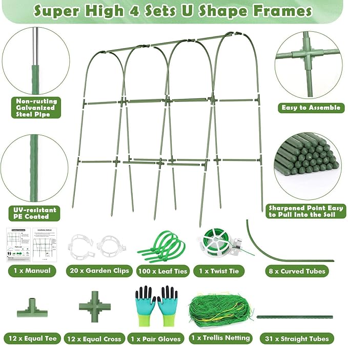 Cucumber Trellis for Raised Bed U-Shape Garden Trellis for Climbing Plants Outdoor with Climbing Net and Plant Support Clip for Tomato Bean Grape Zucchini63 x 47 Inch