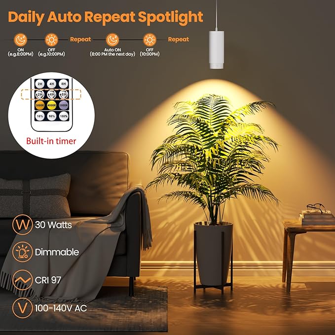 Remote Control Hanging Grow Lights for Indoor Plants 30W Hanging Plant Light with Auto On/Off Timer Full Spectrum LED Grow Light 3000K-5000K Dimmable Plug in Pendant Hanging Lights White