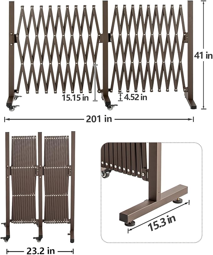 TECSPACE Aluminum Expandable Garden Fence Portable Barricade Gate with Casters Adjustable Retractable Fence Mobile Barricade Safety Barrier (Brown 201×15×41 inch)