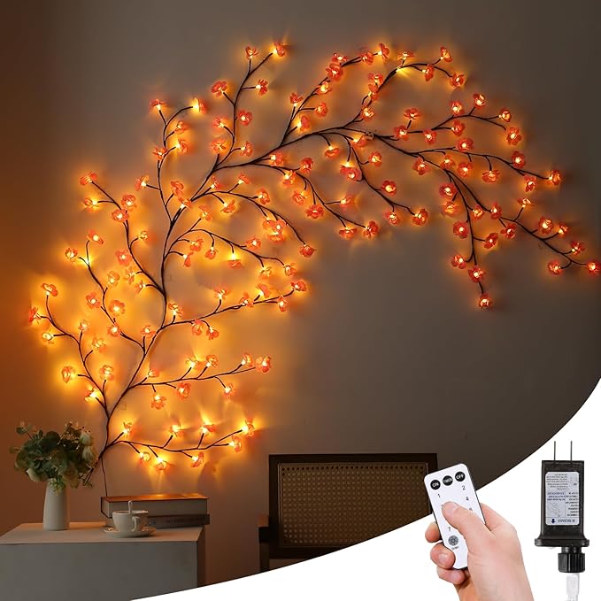 Cherry Blossom Lights with Remote 7.5 Ft 144 Flowers Enchanted Willow Vine Lights 18 Branches 144 LEDs Lighted Willow Vine Tree Lights for Walls Bedroom Home Room Decor Brown Branch