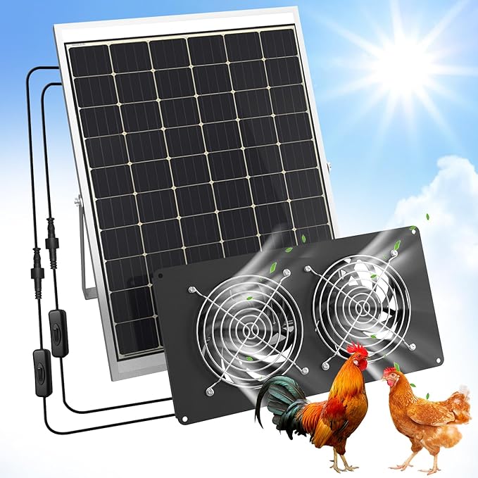 Chicken Coop Solar Powered Dual Metal Shell Fan Kit 20W Solar Exhaust Fan IPX7 Monocrystalline Solar Panel Ventilation Air Cooling Fans for Chicken Coops Greenhouses Sheds Dog Houses Plug &amp Pl