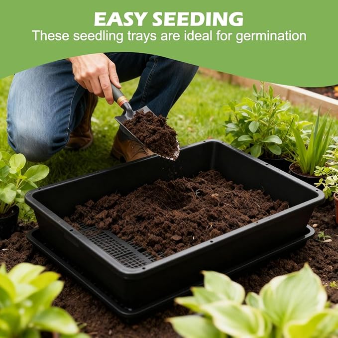 5 Pack Soil Blocking Trays(14x12x3) Plastic Flat Plant Tray for Holding or Collecting Drainage Water Elevated Microgreen Seed Starter Tray for Seed Germination (Black)