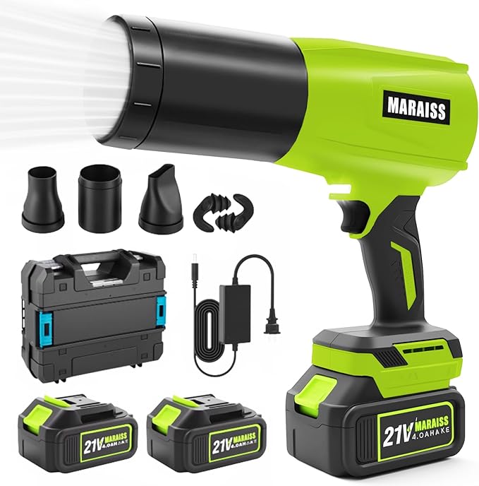 Cordless Leaf Blower with 2 X 4.0A 20000mAh Batteries Brushless Motor Lightweight Low Decibel Turbo Jet Blower with Pro Earplugs for Patio CleaningCar Blowing Water Blowing Leaves and Dust (Green)