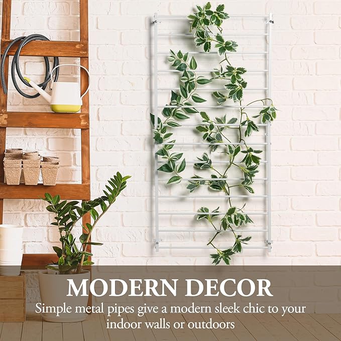 MyGift 4 Foot Tall Modern White Metal Wall Mounted Horizontal Bars Trellis Outdoor Hanging Support Frame for Climbing Garden Plants and Crawling Vines