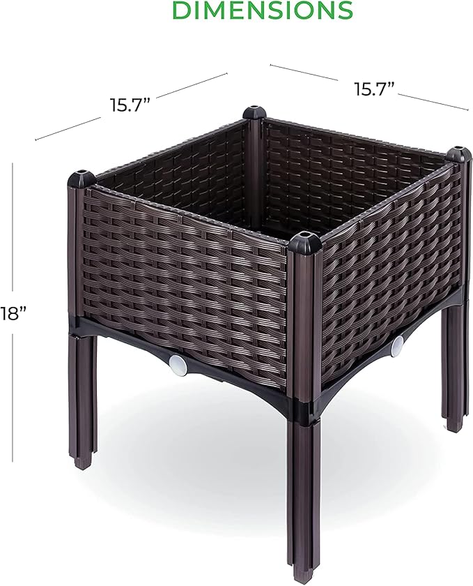 Raised Garden Planter Resin Elevated Flower Bed Box Kit for Vegetable Flower Herb Gardening | 16 X 18 Wicker Pattern Brown