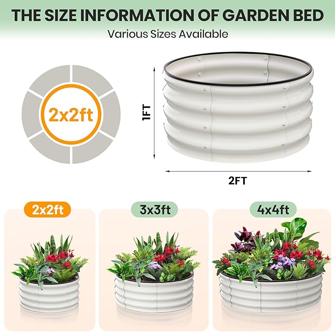 2 - Pack Round Galvanized Raised Garden Bed - 2FT/3FT/4FT Sizes - Outdoor Flower &amp Vegetable Bed - Heavy - Duty &amp Open - Bottom Design 2x2FT