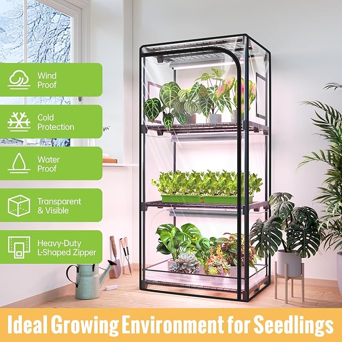 Indoor Greenhouse with Grow Light 4-Tier Plant Stand with Zippered PVC Tent Ventilation Window Bottom Pouch 20W Full Spectrum Plant Light with Timer for Seed Starting 27L x 19W x 59H