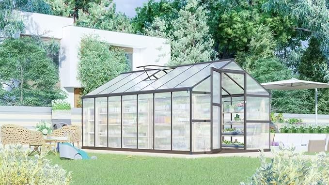 8x14 FT Greenhouse for Outdoors Polycarbonate Greenhouse with Quick Setup Structure and Roof Vent Aluminum Large Walk-in Green House for Outside Garden Backyard Dark Gray