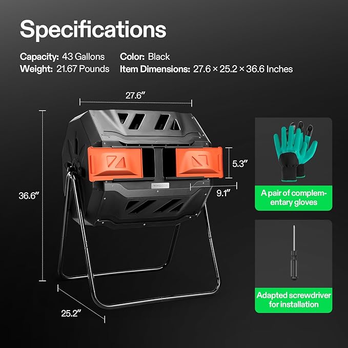 VIVOSUN Outdoor Tumbling Composter Dual Rotating Batch Compost Bin 43 Gallon Orange Door