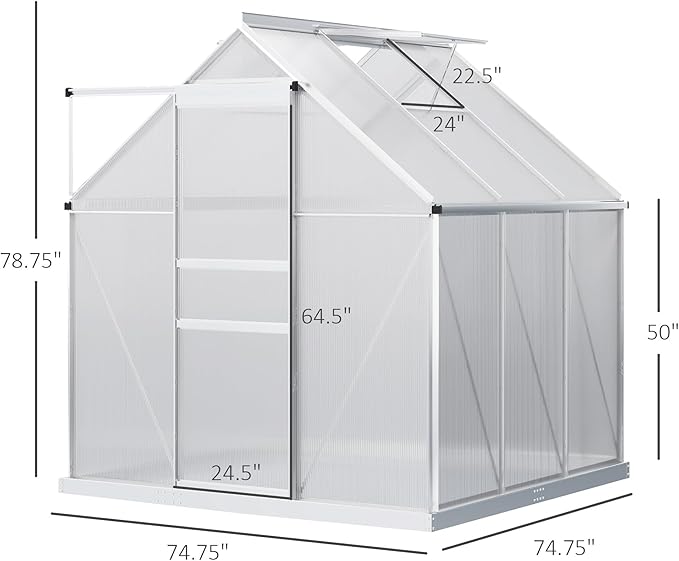 Outsunny 6' x 6' x 6.5' Polycarbonate Greenhouse with Adjustable Roof Vent Walk-in Heavy Duty Green House Kit with Aluminum Frame Sliding Door and Rain Gutter for Winter Silver