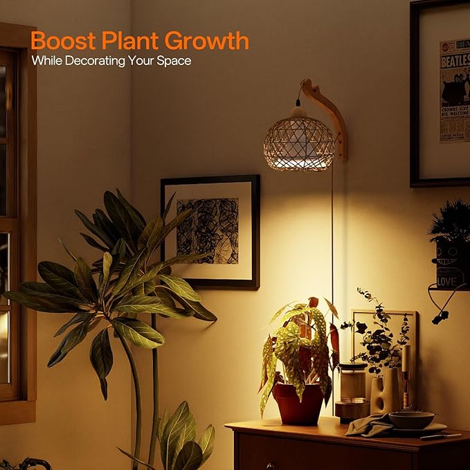 Bstrip Hanging Grow Lights for Indoor Plants 18W Full Spectrum Plant Light Boho Rattan Lantern Shade 3800K Wall-Mounted Decorative Grow Light with 9.8FT Power Cord for Indoor Plant Growing Flowers
