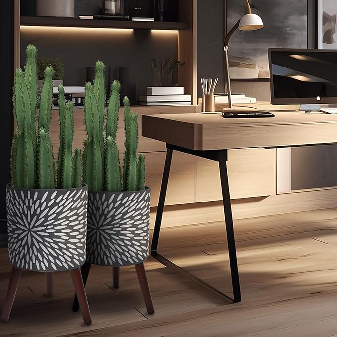 10 &amp 12 Inches Plant Pot with Stand Set of 2 Large Matte Gray Modern Planters for Indoor Outdoor Plants with Drainage Holes Big Flower Pots with Wood Legs