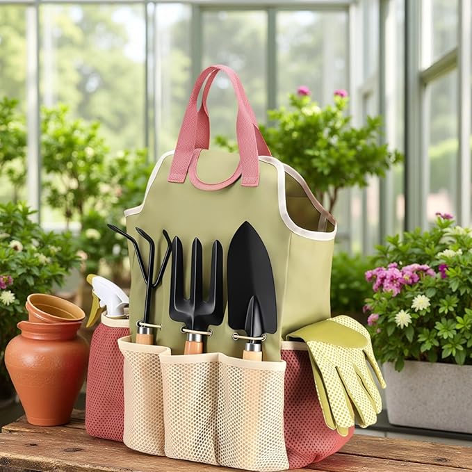 9 Pcs Hand Garden Tool Sets Gardening Gifts for Women &amp Men with Wooden Handles Includes Transplanter Hand Fork Hand Rake Trowel and Tote Bag