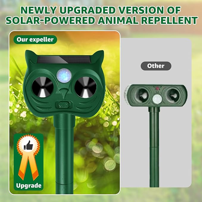 Solar Ultrasonic Animal Repellent Outdoor Motion Sensor Deer Repellent Devices Squirrel Cat Raccoon Deterrent with Strobe Light Dual Mode Keep Skunk Away Protection for Yard Garden Lawn 1Pack