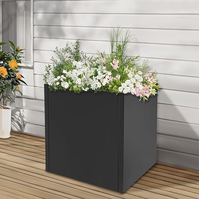Metal Tall Square Planter 17“ L x 17” W x 18 H Square Steel Raised Garden Bed Tall Resin Garden Pot Outdoor Planters Box Large Planter Box for Outdoor Patio/Porch/Yard