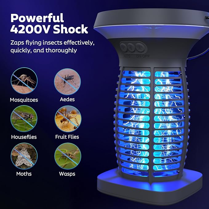 Solar Bug Zapper Outdoor Mosquito Zapper Outdoor Waterproof Electric Fly Zapper Rechargeable Mosquito Killer with Solar Panel 4200V Fly Trap Indoor for Home Backyard Patio Garden Camping