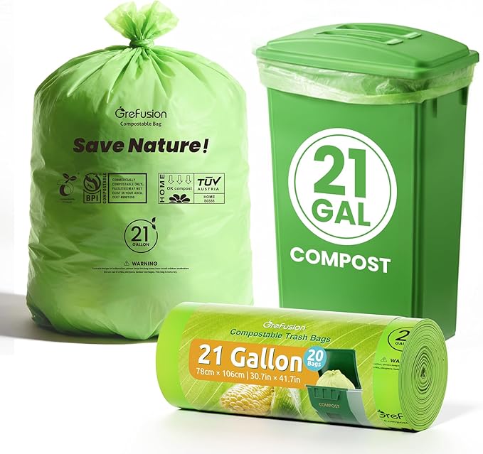 GreFusion Compostable Trash Bags 21 gallon20 CountExtra Thick 1.28 MillsFits13-25 gallon trash can Extra Strong and thickCompostable Lawn &amp Leaf Yard Waste bagsASTM D6400Bpi Certified