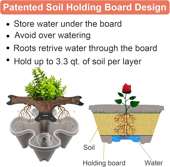 GameXcel Vertical Planter 6 Tier Stackable Strawberry Planter with Garden Tool Set Movable Indoor/Outdoor Garden Herb Pot for Growing Vegetables and Succulents Gray