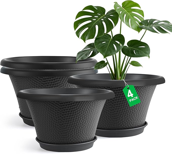 Quarut 12 Inch Pots for Plants4 Pack Large Flower Pots with Drainage Hole &amp SaucerModern Planters for Indoor Outdoor PlantsDecorative Resin Garden Pots Black